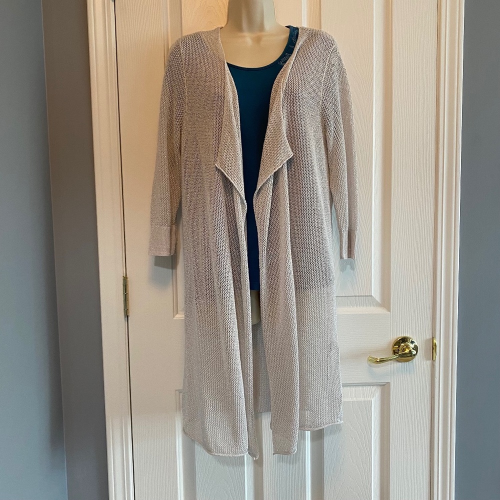 BUY 2 ITEMS & GET 1 FREE - Chico’s Grey & Silver Metallic Open Front Cardigan